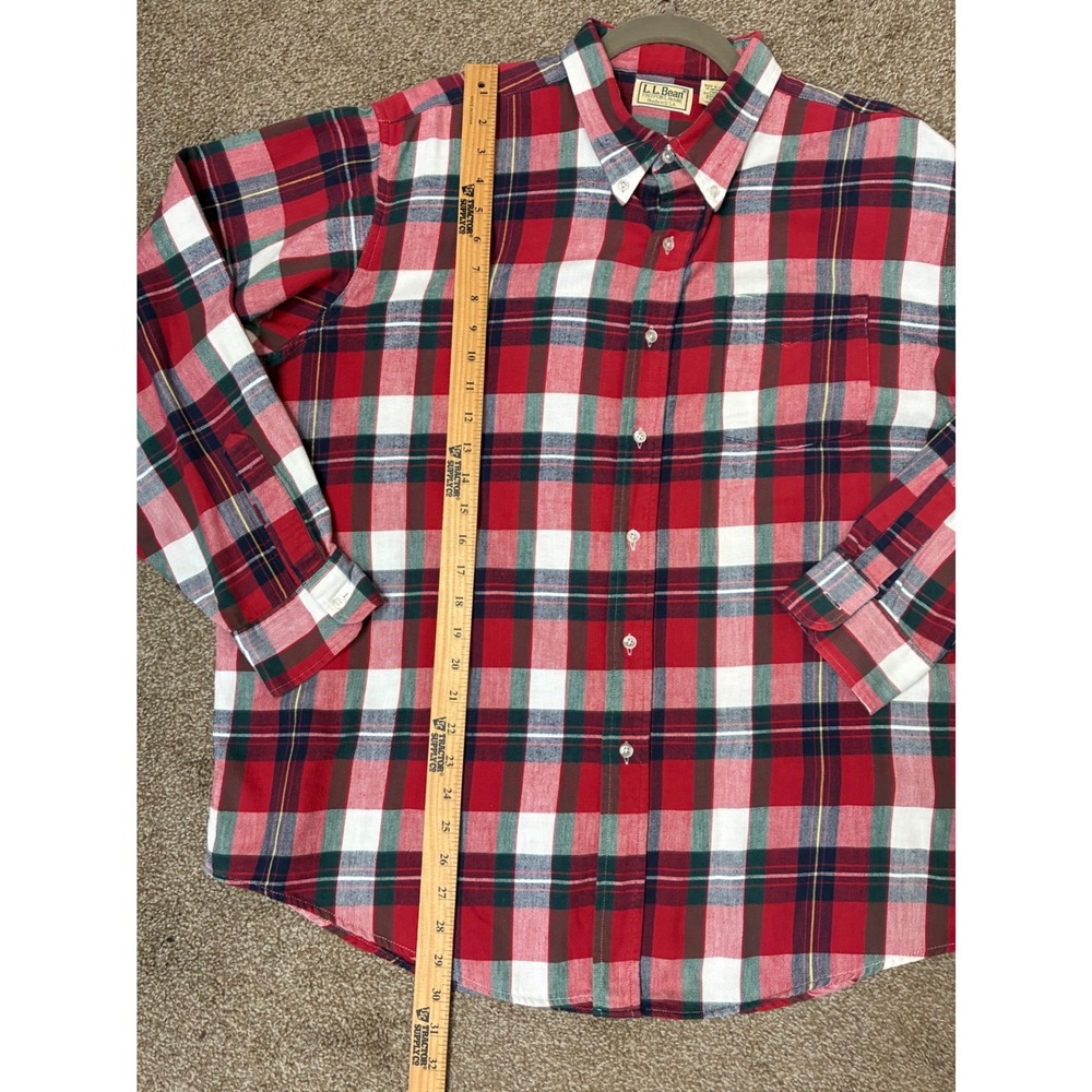 LL Bean Mens XL Plaid Button Down Shirt Red White Green Cotton Made in USA - Picture 4 of 8